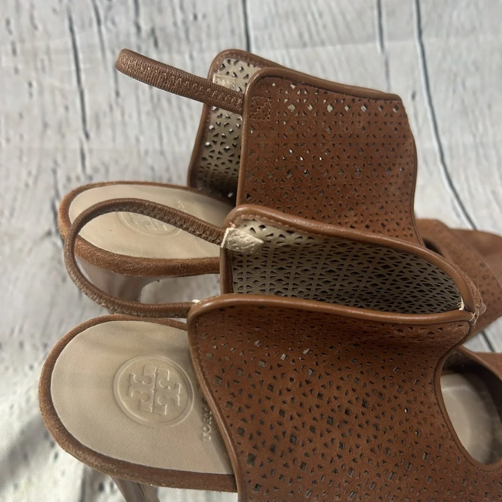 Tory Burch Ellie Heeled Brown Suede Sandals Size 9.5 Great Condition